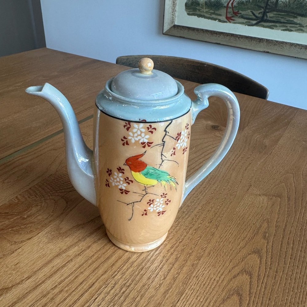 Vintage Japanese Lusterware Tea Pot - cherry blossoms and birds